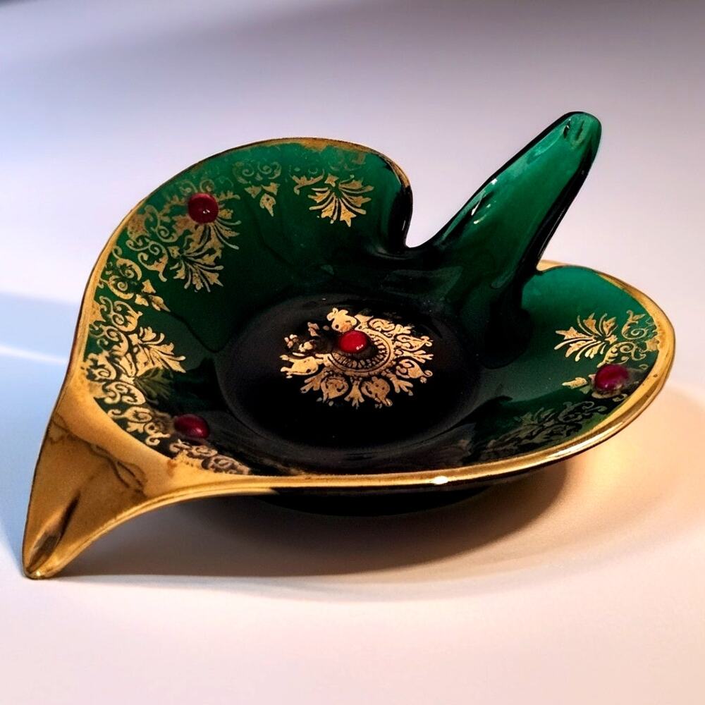 Vintage Bohemian Czech Art Glass Dish Green Gold Gilt Enamel Trinket Dish